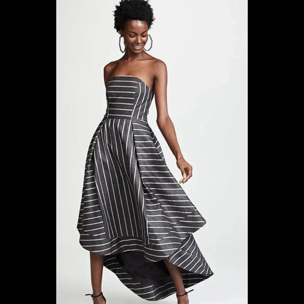 Likely Strapless High-Low Striped Midi Dress Charcoal Silver Metallic Pockets